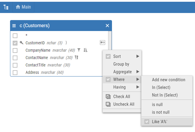 Handy menus to change sorting, grouping and filtration in one click